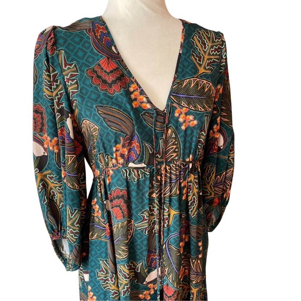 ANTHROPOLOGIE FARM RIO Ariyah Tiered V-Neck Botanical Mini Dress, Green Floral S - Picture 2 of 15